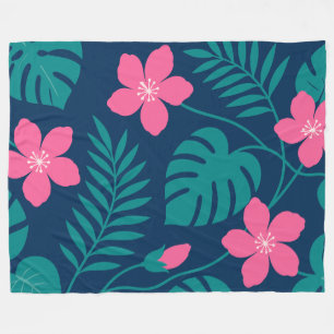 Tropical Pink Flowers and Green Foliage Design Fleece Blanket