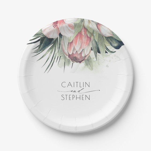 Tropical Pink Flowers and Palms Greenery Wedding Paper Plate (Front)