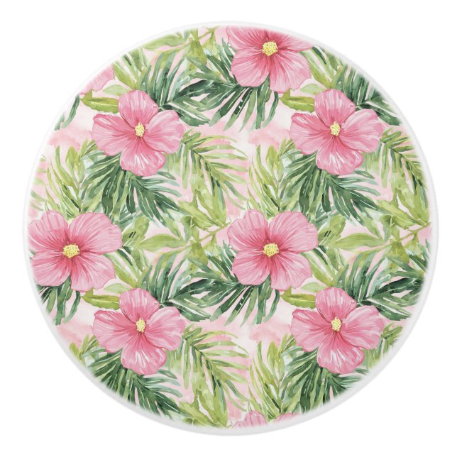 Tropical Pink Flowers Ceramic Knob (Front)