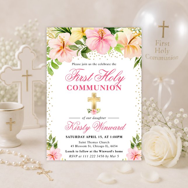 Tropical Pink Flowers First Holy Communion Invitation (Creator Uploaded)
