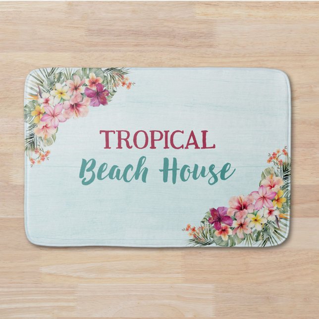 Tropical Pink Flowers Floral Botanical Beach House Bath Mat (In situ)