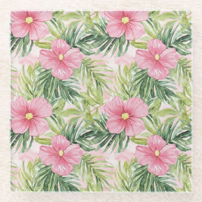 Tropical Pink Flowers   Glass Coaster (Front)
