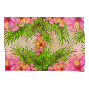 Tropical Pink Flowers Green Leaves Floral Chic Pillowcase