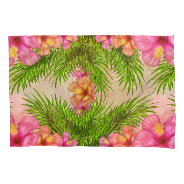 Tropical Pink Flowers Green Leaves Floral Chic Pillowcase (Front)