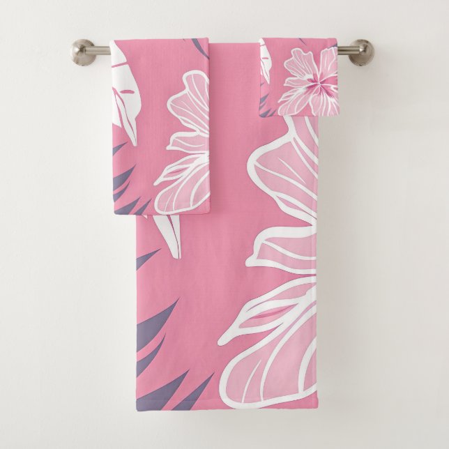 Tropical pink flowers hibiscus bath towel set (Insitu)