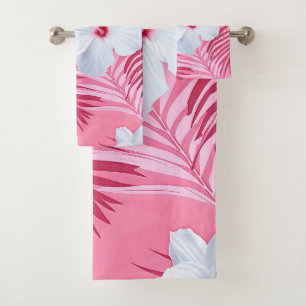 Tropical pink flowers hibiscus bath towel set