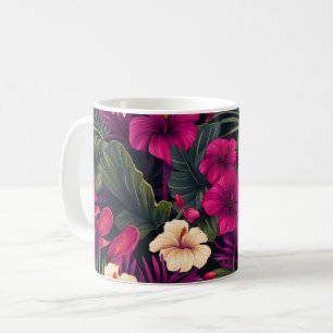 Tropical Pink Flowers Leaves Pattern Coffee Mug