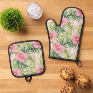 Tropical Pink Flowers Oven Mitt & Pot Holder Set