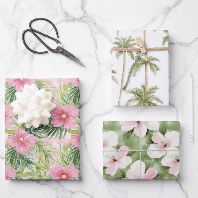 Tropical Pink Flowers Palm Trees Wedding Wrapping Paper Sheet (Front)