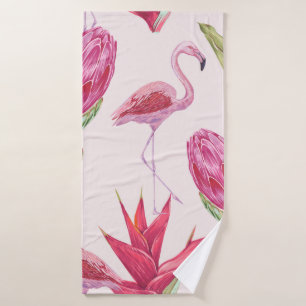 Tropical pink flowers, protea, bird of paradise fl bath towel