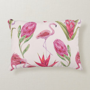 Tropical pink flowers, protea, bird of paradise fl decorative cushion