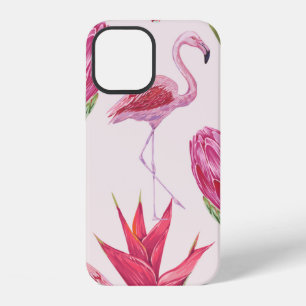 Tropical pink flowers, protea, bird of paradise fl iPhone 12 case