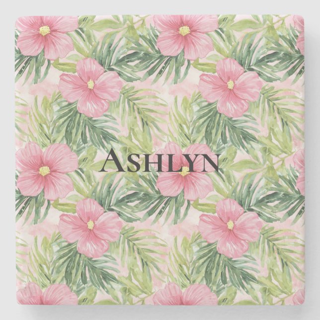 Tropical Pink Flowers Stone Coaster (Front)