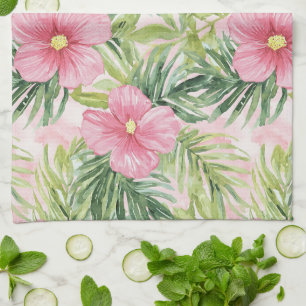 Tropical Pink Flowers Tea Towel