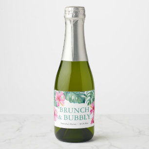 Tropical Pink Flowers Watercolor Sparkling Wine Label