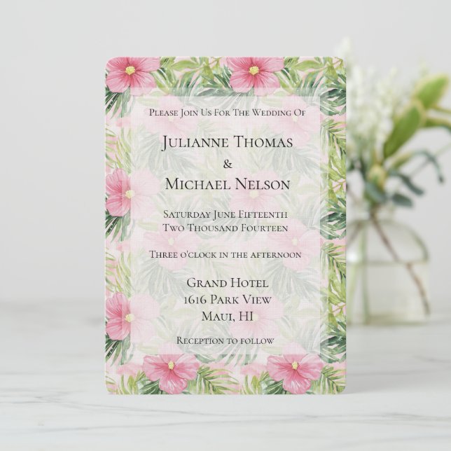 Tropical Pink Flowers Wedding Invitation (Standing Front)
