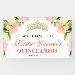Tropical Pink Flowers Welcome Quinceanera Banner