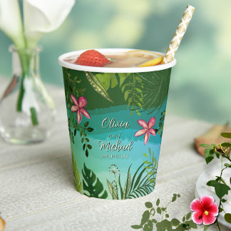 Tropical Pink Frangipani Green Watercolor Boutique Paper Cups
