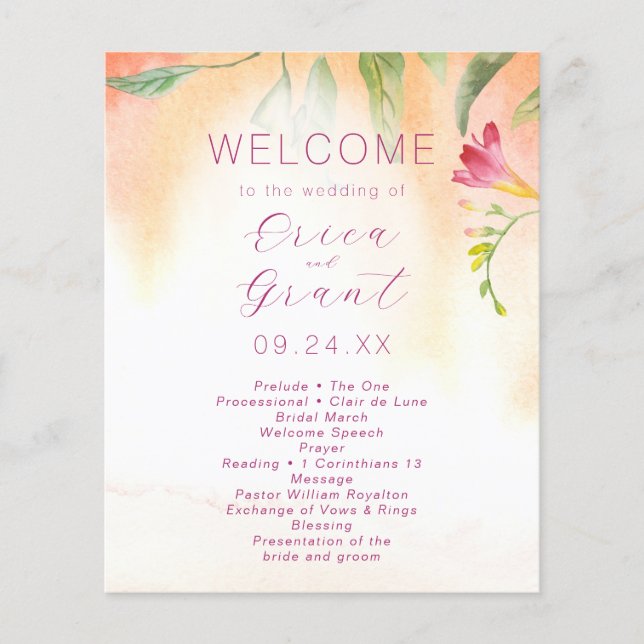 Tropical Pink Freesia Watercolor Wedding Budget (Front)