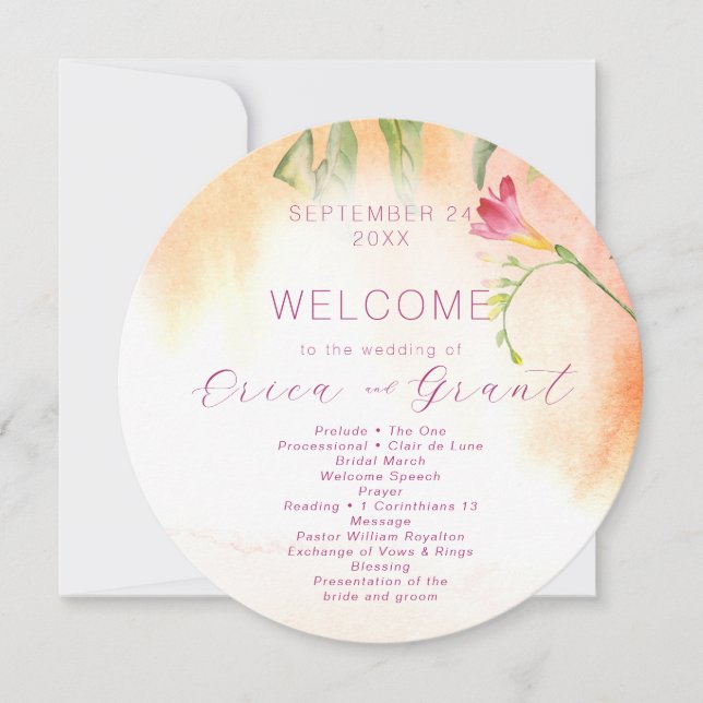 Tropical Pink Freesia Watercolor Wedding Program Invitation (Front)