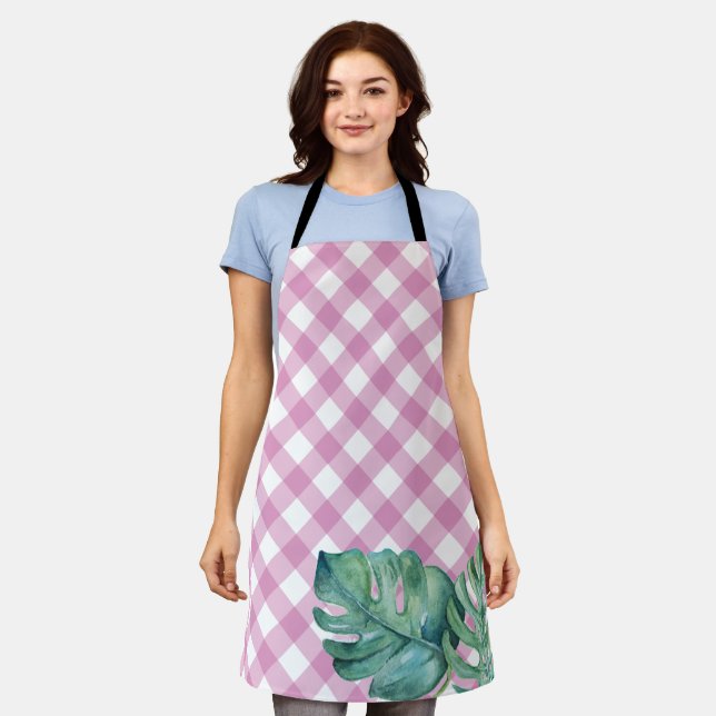 Tropical Pink Gingham Apron for Her (Worn)