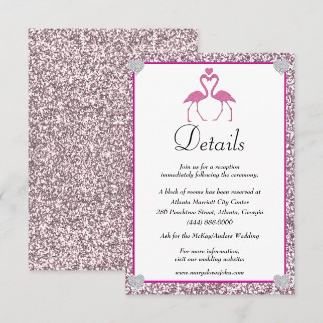 Tropical Pink Glitter Flamingo Wedding Details Enclosure Card (Front/Back)