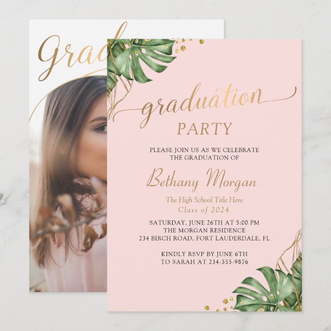 Tropical Pink Gold Arch Photo Graduation Party Invitation (Front/Back)