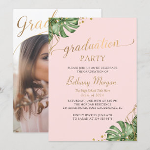Tropical Pink Gold Arch Photo Graduation Party Invitation