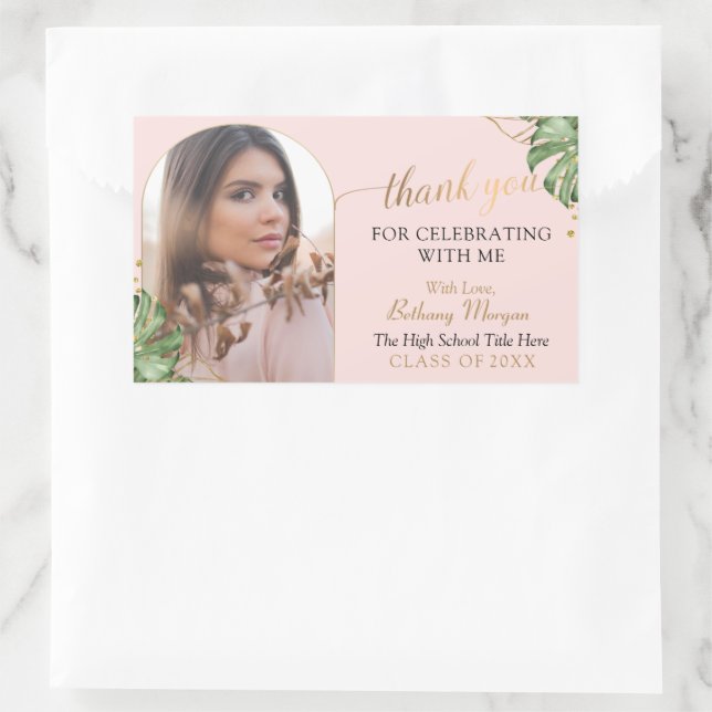 Tropical Pink Gold Arch Photo Graduation Thank You Rectangular Sticker (Bag)