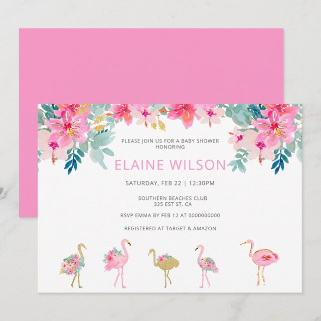 Tropical Pink Gold Flamingo Baby Shower Invitation (Front/Back)