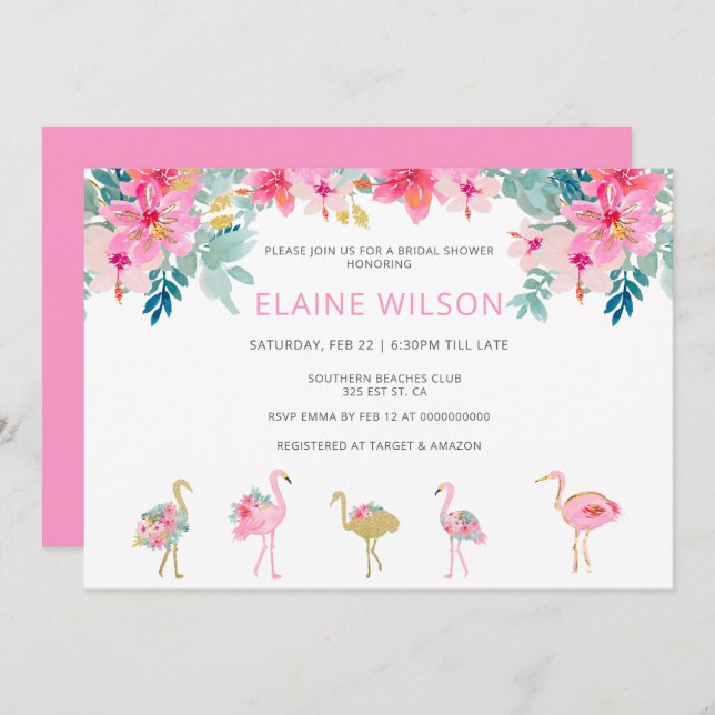 Tropical Pink Gold Flamingo Bridal Shower Invitation (Front/Back)