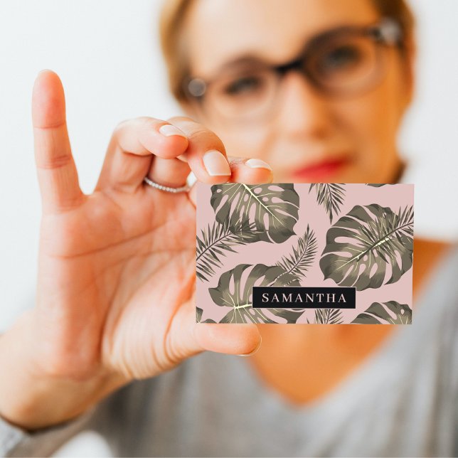 Tropical Pink & Gold Palm Leaves Pattern & Name  Business Card (Creator Uploaded)