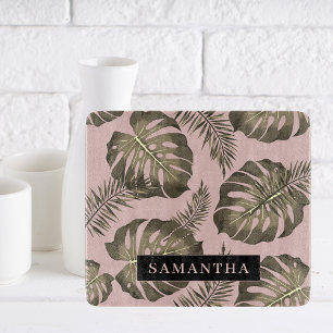 Tropical Pink & Gold Palm Leaves Pattern & Name   Cutting Board