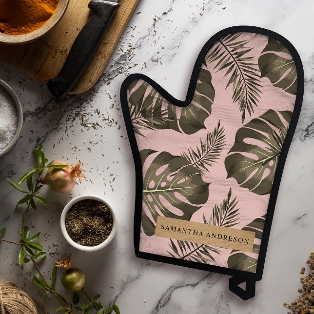 Tropical Pink & Gold Palm Leaves Pattern & Name  Oven Mitt & Pot Holder Set (Creator Uploaded)
