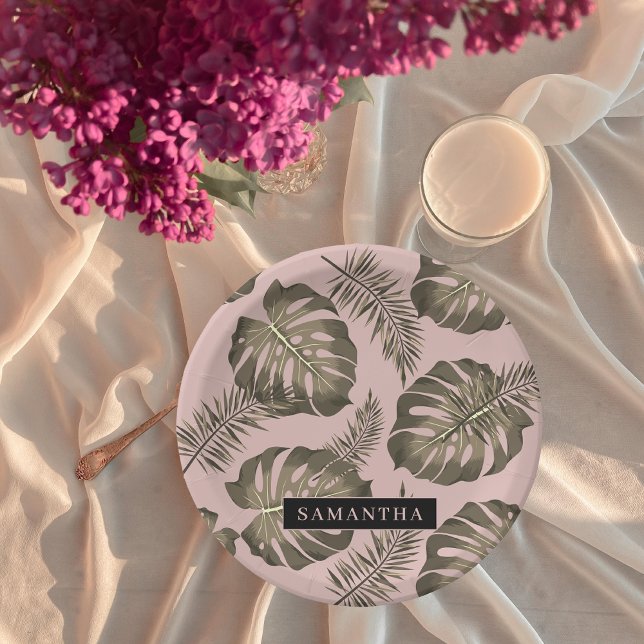 Tropical Pink & Gold Palm Leaves Pattern & Name Paper Plate (Creator Uploaded)