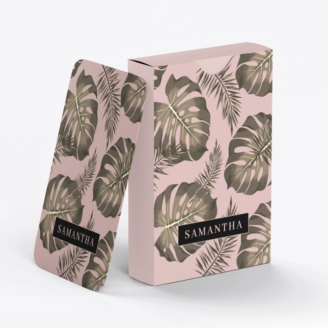 Tropical Pink & Gold Palm Leaves Pattern & Name  Playing Cards (Creator Uploaded)