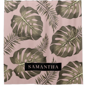 Tropical Pink & Gold Palm Leaves Pattern & Name  Shower Curtain