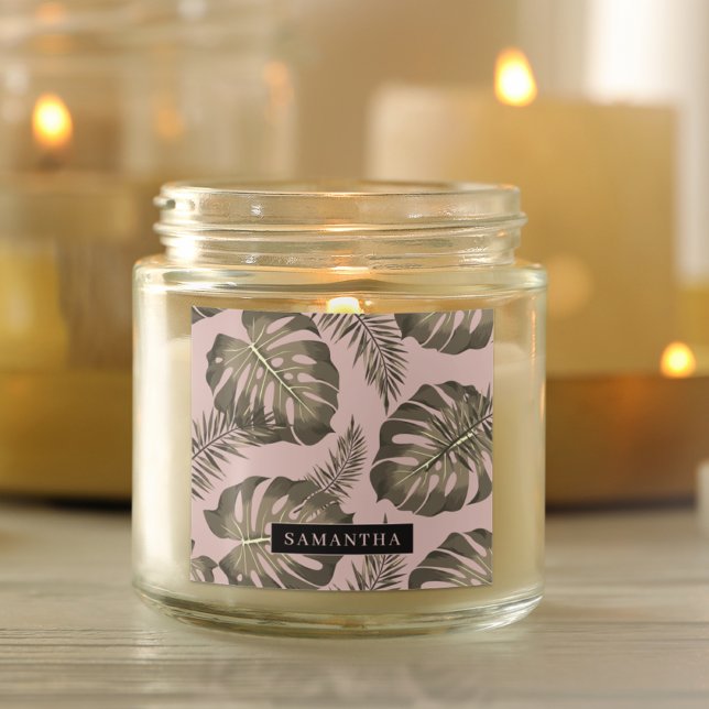 Tropical Pink & Gold Palm Leaves Pattern & Name   Square Sticker (Creator Uploaded)