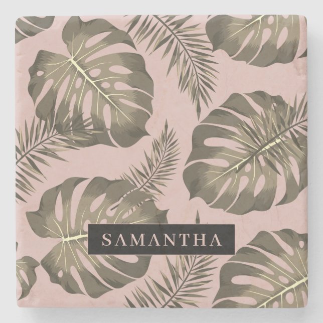 Tropical Pink & Gold Palm Leaves Pattern & Name  Stone Coaster (Front)