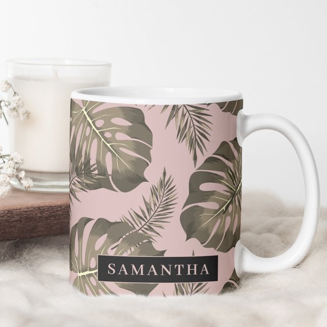 Tropical Pink & Gold Palm Leaves Pattern & Name  Two-Tone Coffee Mug (Creator Uploaded)