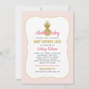 Tropical Pink Gold Pineapple Baby Girl Shower Luau Invitation