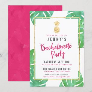 Tropical Pink & Gold Pineapple Bachelorette Party Invitation