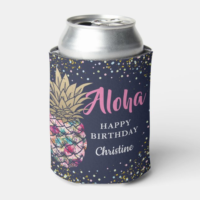 Tropical Pink Gold Pineapple Beach Party Can Cooler (Can Front)