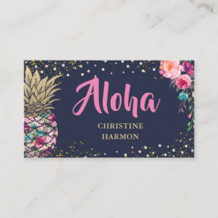 Tropical Pink Gold Pineapple Floral Navy Blue Business Card