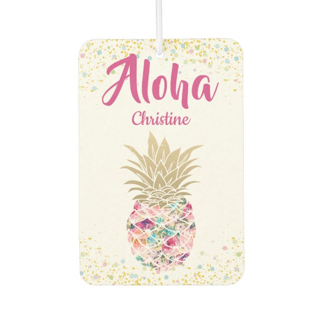 Tropical Pink Gold Pineapple Floral Personalised Car Air Freshener (Front)