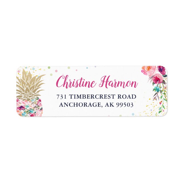 Tropical Pink Gold Pineapple Floral Return Address (Front)