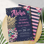 Tropical Pink Gold Pineapple Navy Blue Birthday Invitation<br><div class="desc">Tropical Pink Gold Pineapple Navy Blue Birthday Invitation</div>