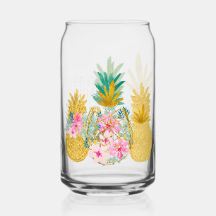 Tropical Pink Green and Gold Floral Pineapples Can Glass