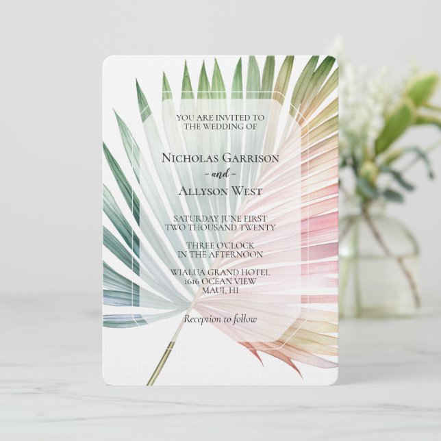 Tropical Pink Green Leaf Wedding Invitation (Standing Front)