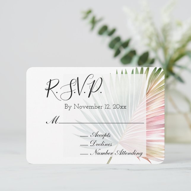 Tropical Pink Green Leaf Wedding RSVP Enclosure Card (Standing Front)